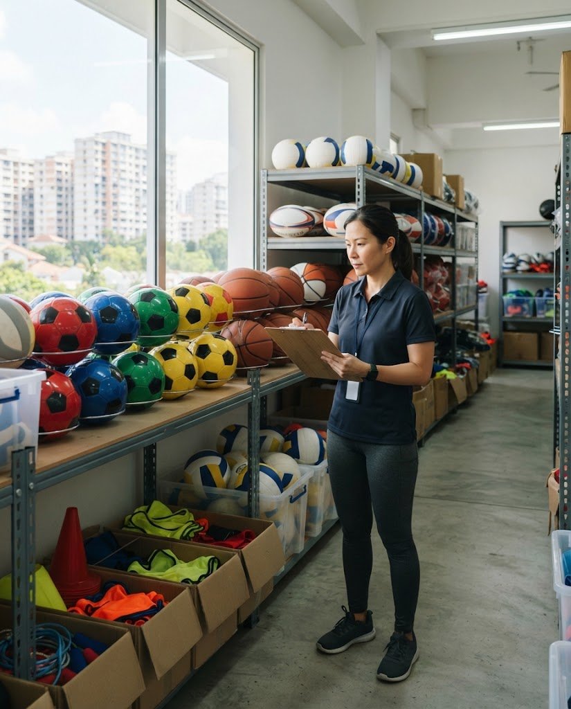 Wholesale sports equipment in a Singapore showroom